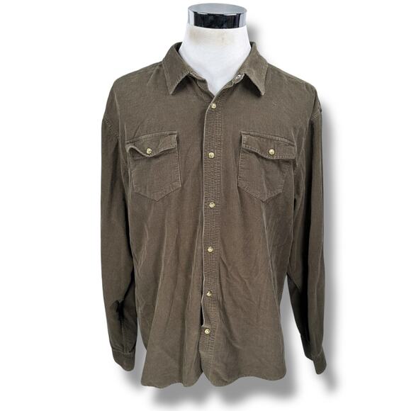 Prana Corduroy Shirt Mens XL Olive Green Cotton Long Sleeve Pearl Snap Button-Up - Picture 1 of 10